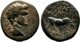 PHRYGIA. Eumeneia . Tiberius (AD 14-37).AE Bronze. ΣΕΒΑΣΤΟΣ, bare head right / OVAΛEPIOΣ/ ZMEPTOPIΞ/ EVMENEΩN, bull butting right.RPC I 3144

Conditio...