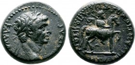 PHRYGIA. Hierapolis. Claudius (41-54 AD).AE Bronze. KΛΑΥΔΙΟC KΑΙCAP. radiate head right within round incuse / Μ ΣΥΙΛΛΙΟΣ ΑΝΤΙΟΧΟΣ ΓΡΑ ΙΕΡΑΠΟΛΙΤΩΝ. God...