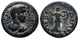 IONIA. Lebedus. Elagabalus.( 218-222 AD ).AE Bronze.ΑΥ ΑΝΤΩΝƐΙΝΟϹ.laureate, draped and cuirassed bust of Severus Alexander, r / ΛƐΒƐΔΙΩΝ.Athena advanc...
