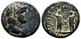 PHRYGIA. Laodicea ad Lycum. Nero, (54-68 AD).Homonoia with Smyrna.AE Bronze. NEPΩN ΣEBAΣTOΣ Laureate head of Nero to right / ANTΩ ZHNΩNOΣ ZHNΩN YIOΣ Λ...