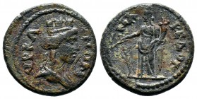 Roman Provincial Coins LYDIA. Hyrcanis. Pseudo-autonomous. (2nd century). AE Bronze. VΡΚΑΝΩΝ. Turreted and draped bust of Tyche right / ΜΑΚEΔOΝ. Tyche...