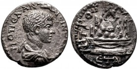 CAPPADOCIA. Caesaraea. Diadumenian ,(218AD ). AR Drachm. M OΠЄΛ ANTΩNЄINOC KAI Bare-headed, draped and cuirassed bust of Diadumenian to right, seen fr...