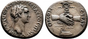 CAPPADOCIA.Caesarea. Nerva. (AD 96-98). AR Didrachm. AYTOKPAT NЄPOYAC KAICAP CЄBACTOC YΠAT Γ, laureate head right / OMON CTPAT, two clasped hands hold...