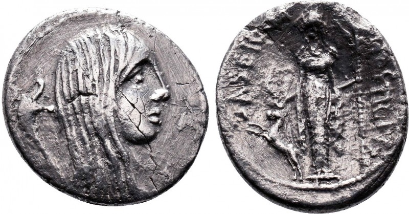 L. Hostilius Saserna. AR Denarius, Rome Mint, ca. 48 B.C. 
Bare head of female G...