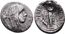 L. Hostilius Saserna. AR Denarius, Rome Mint, ca. 48 B.C. 
Bare head of female Gallic captive facing right, carnyx behind; Reverse: Diana of Ephesus s...