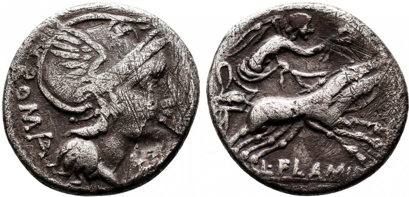 L. Flaminius Chilo, Denarius, Rome, 109 or 108 BC; AR Helmeted head of Roma r.; ...