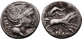 L. Flaminius Chilo, Denarius, Rome, 109 or 108 BC; AR Helmeted head of Roma r.; behind, ROM[A]; before, [X], Rv. Victory in biga r., holding reins and...