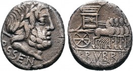 L. Rubrius Dossenus 87 BC. Rome Denarius AR Laureate head of Jupiter right, with sceptre over shoulder, below, DOSSEN / Triumphal quadriga right, side...