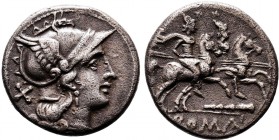Anonymous. 189-180 B.C. AR denarius. Rome. Helmeted bust of Roma right; behind, X / ROMA within linear frame in exergue, the Dioscuri on horseback rig...