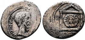 MARC ANTONY. AR Denarius, Epirus Mint, ca. Autumn 42 B.C.
Cr-496/1; S-1467; Syd-1168. "M ANTONI IMP" Bare head of Marc Antony right; Reverse: "III VIR...