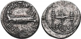 Marcus Antonius AR Denarius, LEG IV
Marcus Antonius (+30 BC). AR Denarius (17 mm, 3.52 g), Patrae (?), 32-31 BC.
Obv. ANT AVG / IIIVIR R P C, galley r...
