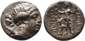 PAMPHYLIA, Perge. Circa 255-235 BC. AR Drachm. Laureate head of Artemis right; bow and quiver to left / Artemis standing left, holding wreath and scep...