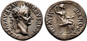 Tiberius. AD 14-37. AR Denarius. “Tribute Penny” type. Lugdunum (Lyon) mint. Group 6, AD 36-37. TI CΛESΛR DIVI ΛVG F ΛVGVSTVS, laureate head right; lo...