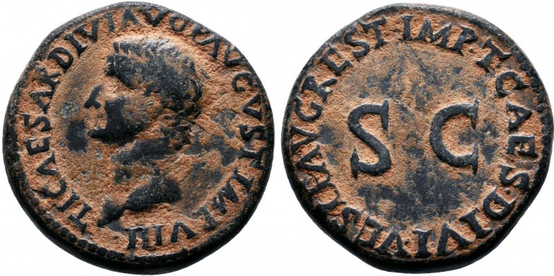 Tiberius Æ As. Restitution issue struck under Titus in Rome, AD 79-81. TI CAESAR...