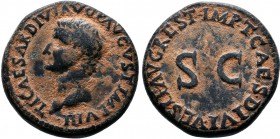 Tiberius Æ As. Restitution issue struck under Titus in Rome, AD 79-81. TI CAESAR DIVI AVG F AVGVST IMP VIII, bare head left / IMP T CAES DIVI VESP F A...