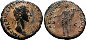 Nerva, 96-98 AD. AE As, Rome mint, struck 97 AD. Laureate head right. Reverse: Aequitas stands left, holding scales and cornucopia; AEQVITAS AVGVST, S...