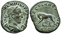 PHILIP I. 244-249 AD. Æ Sestertius. Rome mint. IMP M IVL PHILIPPVS AVG, laureate, draped and cuirassed bust right, seen from behind / SAECVLARES AVG, ...