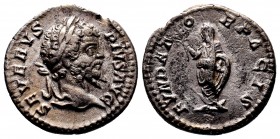 Septimius Severus (193-211), Denarius, Rome, AD 201, SEVERVS - PIVS AVG, laureate head r, Rv. FVNDA - TO - R PACIS, Septimius, togate and veiled, stan...