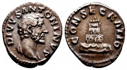 Divus Antoninus Pius. Silver Denarius, died AD 161. Rome, under Marcus Aurelius and Lucius Verus, AD 161. DIVVS ANTONINVS, bare-headed and slightly dr...