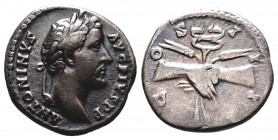 Antoninus Pius AR Denarius. Rome, AD 145-147. ANTONINVS AVG PIVS P P, laureate head right / COS IIII, clasped right hands holding caduceus between two...