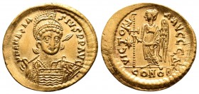 Anastasius (AD 491-518). AV solidus . Constantinople, 8th officina, AD 498-518. D N ANASTAS-IVS PP AVG, pearl-diademed, helmeted and cuirassed bust of...
