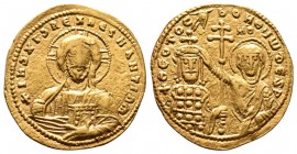 Constantine VII. Solidus. Constantinople, 945-959. Nimbate and draped facing bust of Christ, holding Gospels. Rev. Crowned facing busts of Constantine...