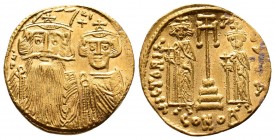 Constans II (641-668 AD). AV Solidus, Constantinopolis (Istanbul), c. 662-667.
Obv. dN CONSTANI, facing busts of Konstans, on left with long beard, pl...