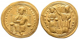 ROMANUS III, Argyrus. 1028-1034. AV Histamenon. Constantinople mint. +IhS XIS REX REGNANTInM, Christ, nimbate, enthroned facing, raising right hand in...