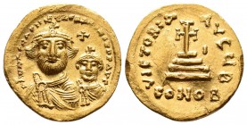 Heraclius, with Heraclius Constantine. 610-641. AV Solidus. Uncertain eastern military mint. Struck circa 613-616. Crowned facing busts of Heraclius a...