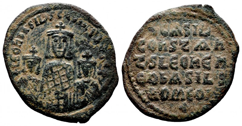 Basil I the Macedonian, with Constantine and Leo VI. 867-886. Æ Follis. Constant...