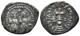 Heraclius, with Heraclius Constantine AR Hexagram. Constantinople, AD 632-635. Heraclius and Heraclius Constantine seated facing on double throne, bot...