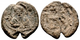 Uncertain Lead Seal with Nimbate bust of Saint, 7th - 11th C.

Condition: Very Fine

Weight: 9.2 gr
Diameter: 25 mm
