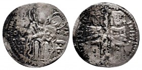 John V Palaeologus, with John VI. 1341-1391. AR Basilikon (18mm, 0.82 g, 6h). Constantinople mint. Struck 1347-1353. The Virgin Mary enthroned facing,...