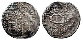 John V Palaeologus, with John VI. 1341-1391. AR Basilikon (18mm, 0.84 g, 6h). Constantinople mint. Struck 1347-1353. The Virgin Mary enthroned facing,...