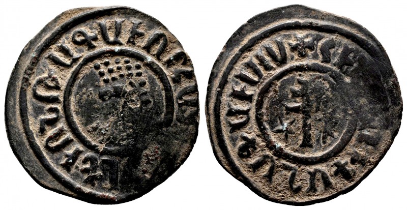 ARMENIA. Levon I (1198-1219). Ae Tank. Sis.
Obv: Crowned leonine bust facing sli...
