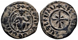 ARMENIA. Hetoum I (1226-1270). Tank. Sis.
Obv: Hetoum seated facing on throne, holding orb and lis-tipped sceptre.
Rev: Cross with wedge in each angle...
