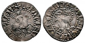 Armenia, Levon II AR Tram. AD 1270-1289. Levon on horseback; holds patriarchal cross, + in field, abbreviated name / Crowned lion facing right; paw ra...