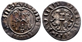 CILICIAN ARMENIA. Levon I, 1198-1219 AD. AR Coronation Tram . The Virgin Mary blessing Levon, rays of light from above / Cross between two lions. Nerc...