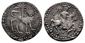 Armenia, Levon II AR Half Tram. AD 1270-1289. Levon on horseback; holds patriarchal cross, + in field, abbreviated name / Crowned lion facing right; p...