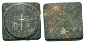 Byzantine Weights, Circa 5th-7th centuries. Weight of 1 Ounkia a uniface square commercial weight with triple-grooved edges. Γᴑ A with cross between; ...
