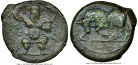 BALEARIC ISLANDS. Ebusus. 2nd-1st centuries BC. AE quarter unit (17mm, 3.22 gm, 11h). NGC VF 4/5 - 3/5. Bes standing facing, mace upward in right hand...