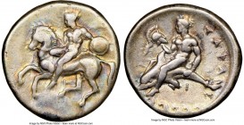 CALABRIA. Tarentum. Ca. 380-340 BC. AR didrachm (21mm, 7.64 gm, 8h). NGC VF 5/5 - 4/5. Horse galloping left, with rider dismounting and holding shield...