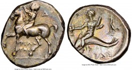 CALABRIA. Tarentum. Ca. 281-240 BC. AR didrachm (18mm, 6.61 gm, 7h). NGC AU 4/5 - 4/5. Philotas and Di-, magistrates. Youth on horseback left, crownin...
