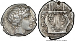 CHALCIDIAN LEAGUE. Macedon. Olynthus. Ca. 432-348 BC. AR tetrobol (14mm, 9h). NGC Choice VF. Ca. 382-379 BC. Laureate head of Apollo right / X-A-Λ-KIΔ...