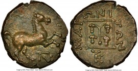 THRACE. Maroneia. 4th century BC. AE (13mm, 3.34 gm, 11h). NGC Choice AU S 5/5 - 5/5. Horse prancing right; monogram below / MAPΩNITΩN, round vine wit...