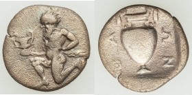 THRACIAN ISLANDS. Thasos. Ca. 404-340 BC. AR trihemiobol (11mm, 0.75, 7h). VF. Satyr kneeling left, holding cantharus / ΘΑ[ΣΙ]ΩΝ, amphora. SNG Copenha...