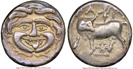 MYSIA. Parium. 4th century BC. AR hemidrachm (13mm, 2.14 gm, 1h). NGC XF 5/5 - 3/5. Bull standing left, looking back / Facing Gorgoneion with tongue p...