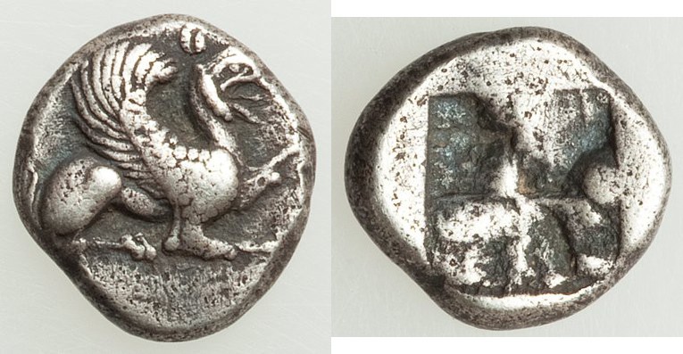 IONIA. Teos. Ca. 540-510 BC. AR trihemiobol (10mm, 1.46 gm). XF. Griffin seated ...