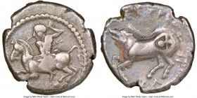 PAMPHYLIA. Aspendus. Ca. 420-360 BC. AR drachm (18mm, 5.30 grams, 3h). NGC Choice VF 4/5 - 3/5, countermark. Horseman galloping left, preparing to hur...