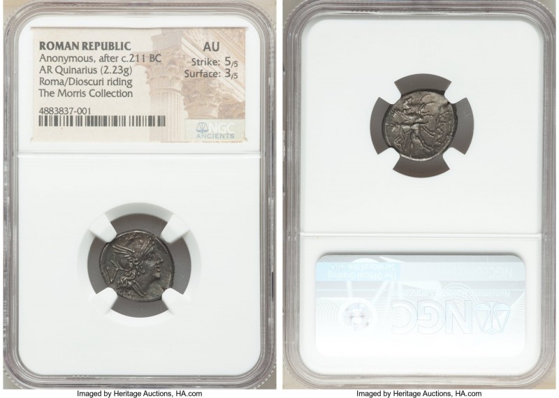 Anonymous. Ca. 211 BC or later. AR quinarius (17mm, 2.23 gm, 3h). NGC AU 5/5 - 3...